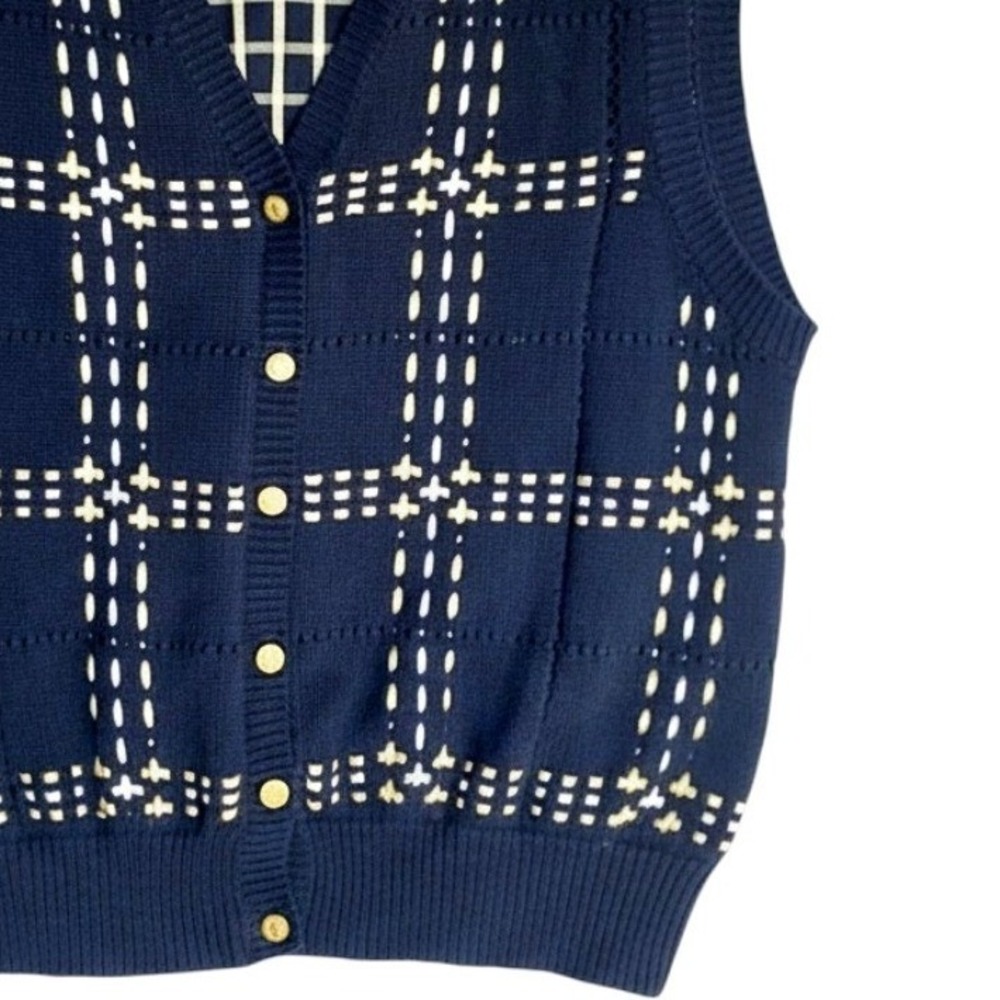 VTG Liz Sport Mixed Media Vest Womens M L Navy Gold Button Woven Ribbon Checked